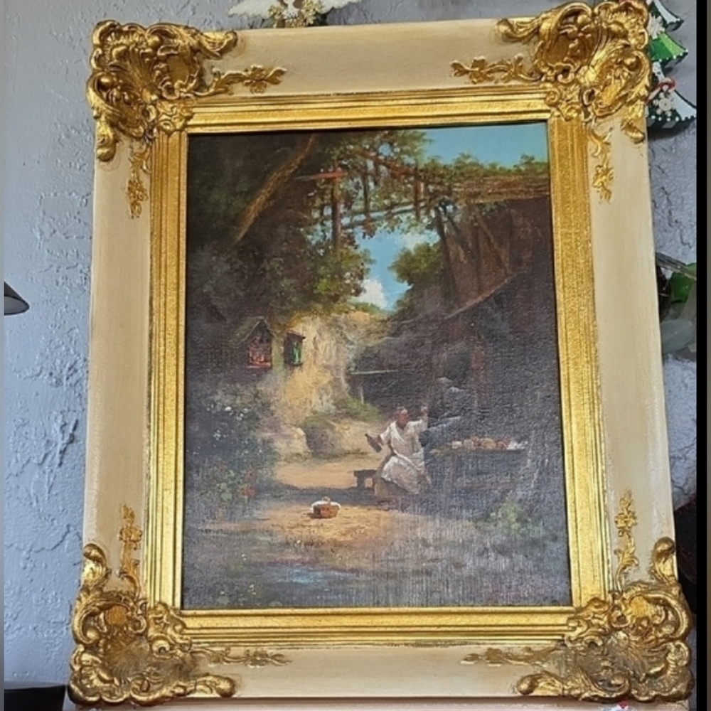 CLEARANCE 21" 19th c Authentic Romantic Oil On Canvas Signed Painting Gold Frame